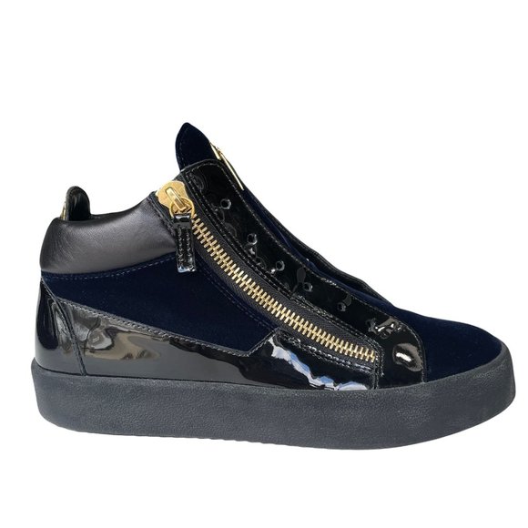 Giuseppe Zanotti Mens 41 Kriss Navy Velvet Zip Mid Top Sneakers Blue Gold Black